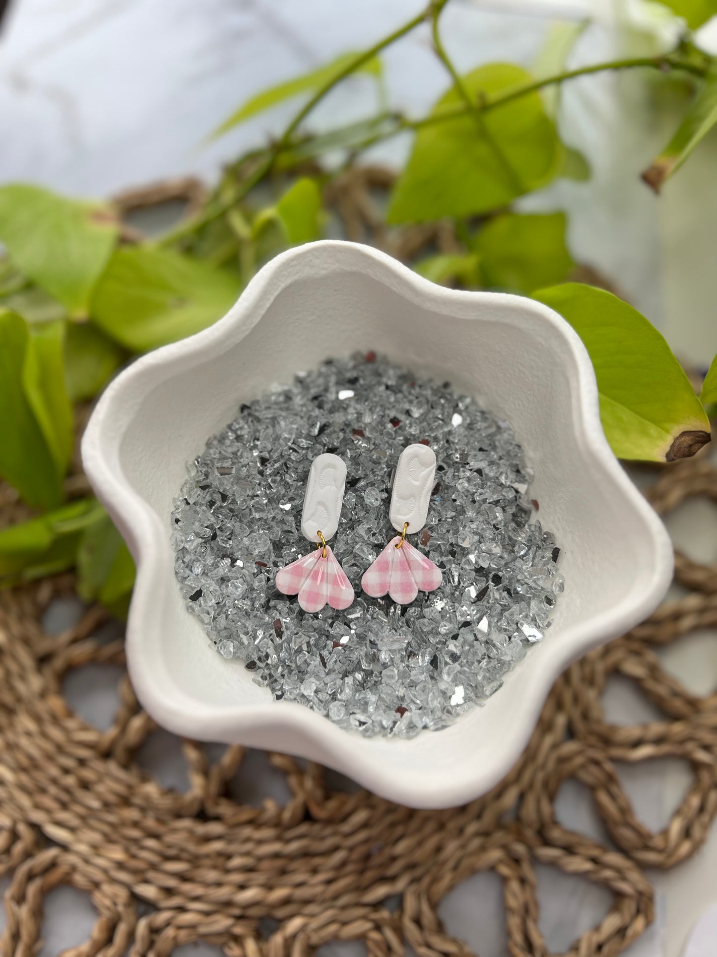 Pink Gingham and Gingko Flower Dangles