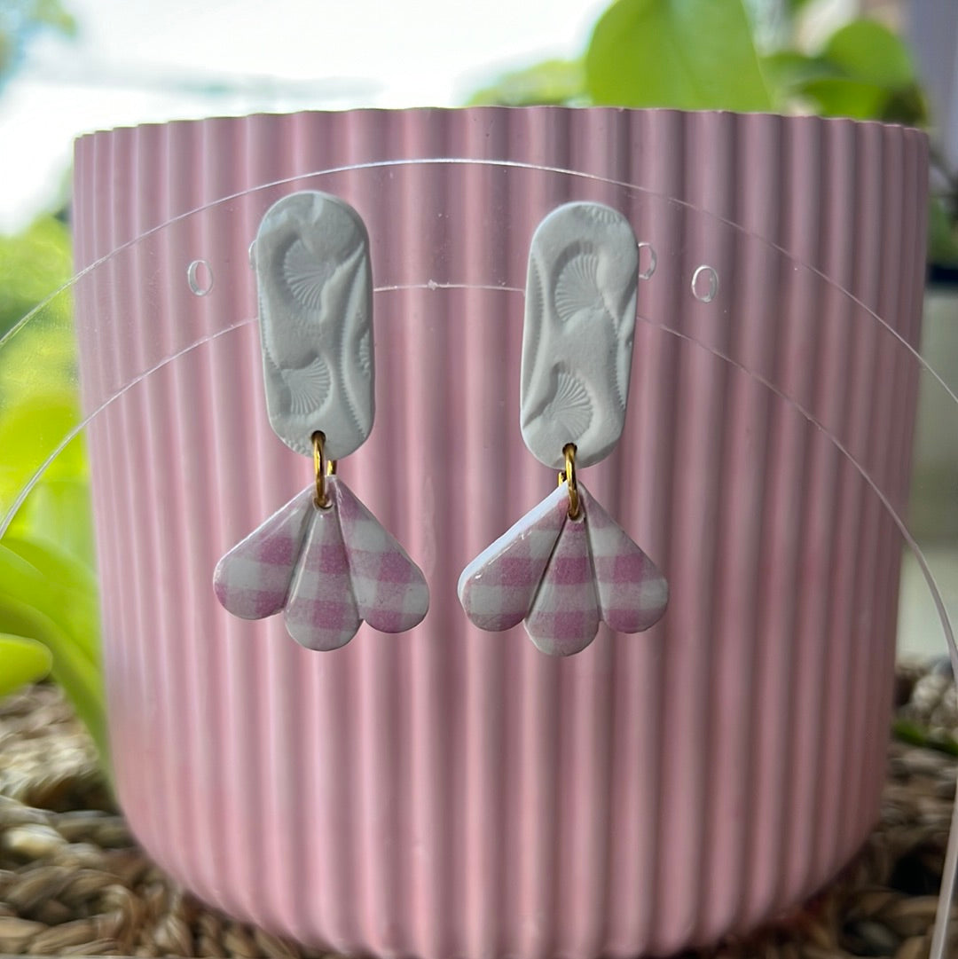 Pink Gingham and Gingko Flower Dangles