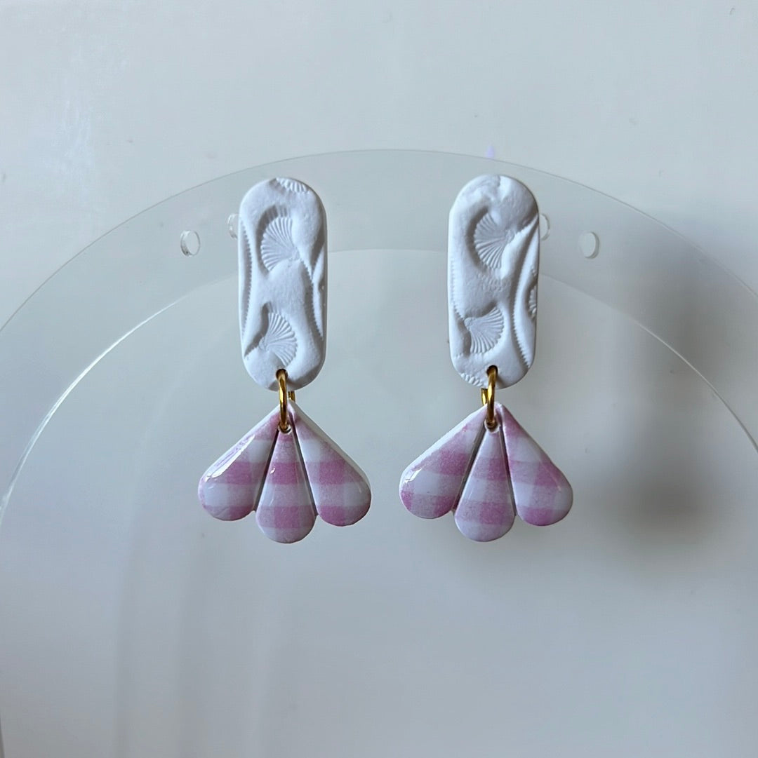 Pink Gingham and Gingko Flower Dangles